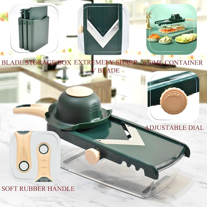 NACOLUS Adjustable Mandoline Slicer for Kitchen - Ultra Sharp V-Blade with Container, Julienning Slicer for Potatoes, Apples, Onions, Tomatoes
