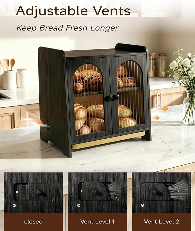 Bread Box for Kitchen Countertop, Large Double Layer Wooden Bread Storage Container with Acrylic Window, Adjustable Air Vents & Built-In Cutting Board, Pantry Organizer, Black