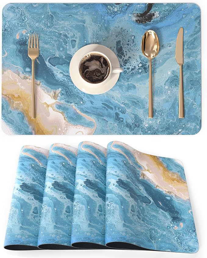 QIYI PU Leather Placemats Set of 4, 12"x18" Waterproof Table Mats, Seafoam | Faux Leather, Heat Resistant, Anti Slip, Wipeable Place Mats for Kitchen Dinning, Party Table Décor, Blue Fluid Marble