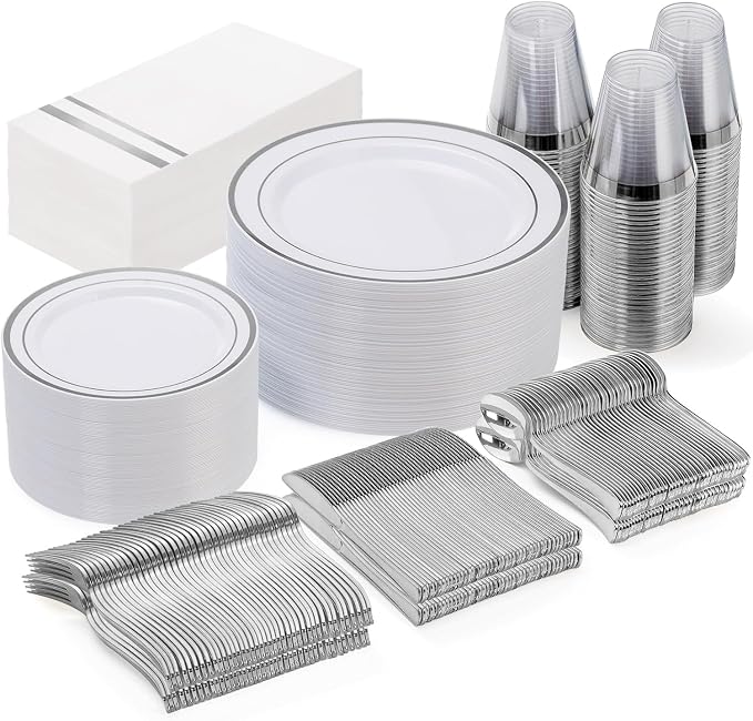 GATHER 350PCS Silver Plastic Plates for Wedding and Party | White and Silver Disposable Plates include 100 Plates, 50 Napkins, 150 Silvery Cutlery and 50 Cups for Anniversary