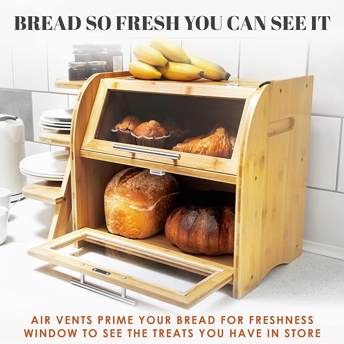 Arise Bamboo Wooden Bread Box for Kitchen Countertop, Extra Large 2-Shelf | Bread Storage Container with Clear Windows & Air Vents, Bread Bin & Keeper, Keeps Bagels, Rolls & Buns Fresh, Self Assembly