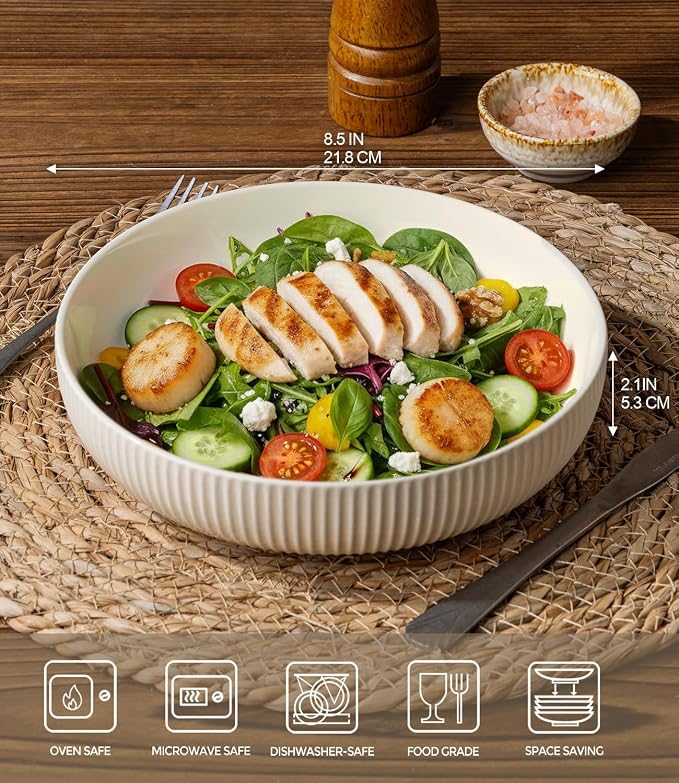 8.5" Ceramic Pasta Bowls Set of 4, Salad Bowls | Versatile Serving Bowls for Pasta, Salad, Fruit & Noodles, Housewarming & Wedding Gift, Beige