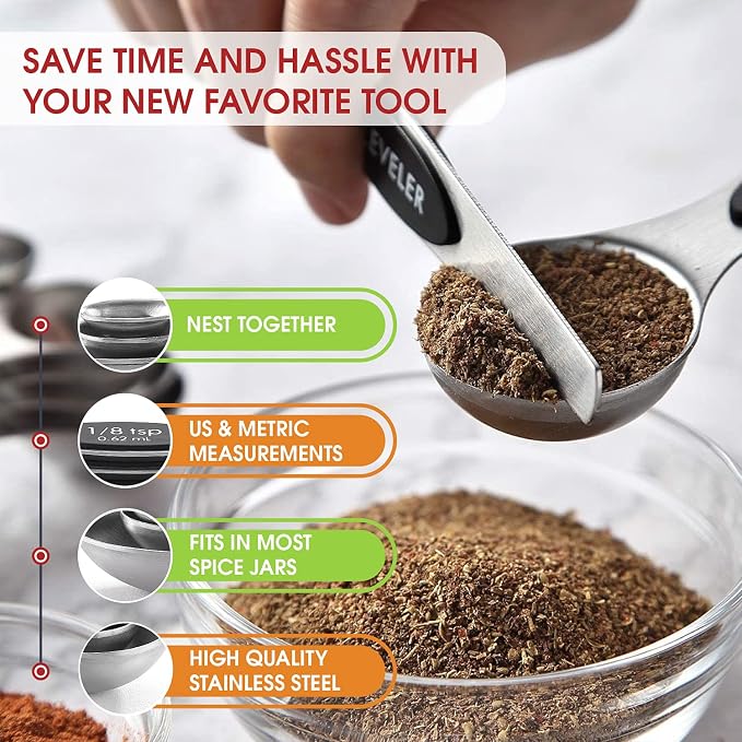 Spring Chef Stainless Steel 8 Magnetic Measuring Spoons Set, 2 Pack, Black | Dual Sided Metal Teaspoon & Tablespoon Measuring Spoons with Leveler for Dry & Liquid Ingredients, Nesting, Dishwasher Safe