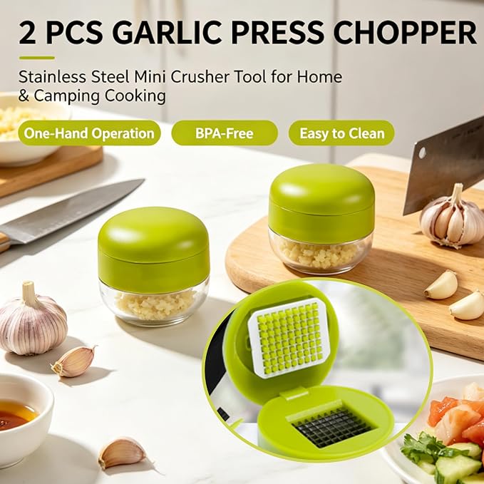 2PCS Stainless Steel Garlic Press Chopper Mini Kitchen Crusher Tool for Home Camping Daily Cooking