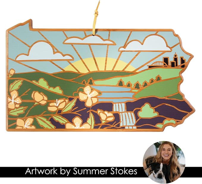 Totally Bamboo Pennsylvania State Shaped Cutting Board, Summer Stokes Art | State charcuterie board with colorful hand-drawn landscape art. Smooth reverse side for food prep. Hang tie for wall display.