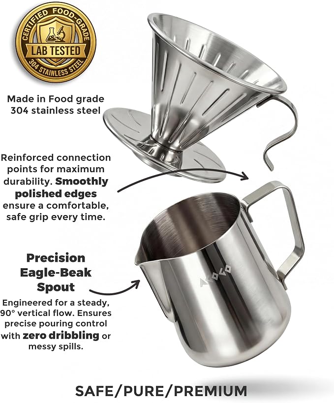 AGOGO Stainless Pour Over Coffee Maker Set, 50 Paper Filters, 20oz, Sliver | Unbreakable carafe for kitchen RV camp and office, includes barista towel, lead-free food grade 304 stainless steel
