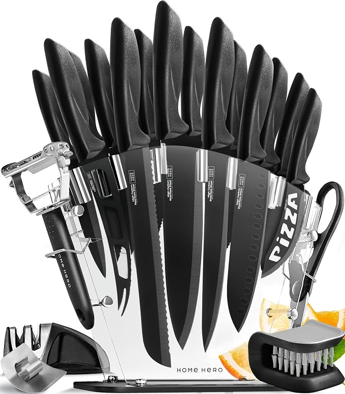 Home Hero Kitchen Knife Set - High Carbon Stainless Steel Blades & Built-In Sharpener - Ergonomic Handles & Cutlery Block Storage - Precision Cooking Prep with Chef Knife - 20 Pc, Black | High Carbon Stainless Steel Knife Set with Block - Built-In Shar...