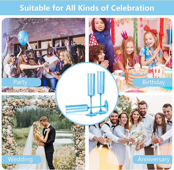 YOUBET 24Pack Blue Champagne Flutes Plastic for Party Birthday Wedding | 6 oz Blue Disposable Plastic Wine Toasting Glasses with Stem for Anniversary Celebrations