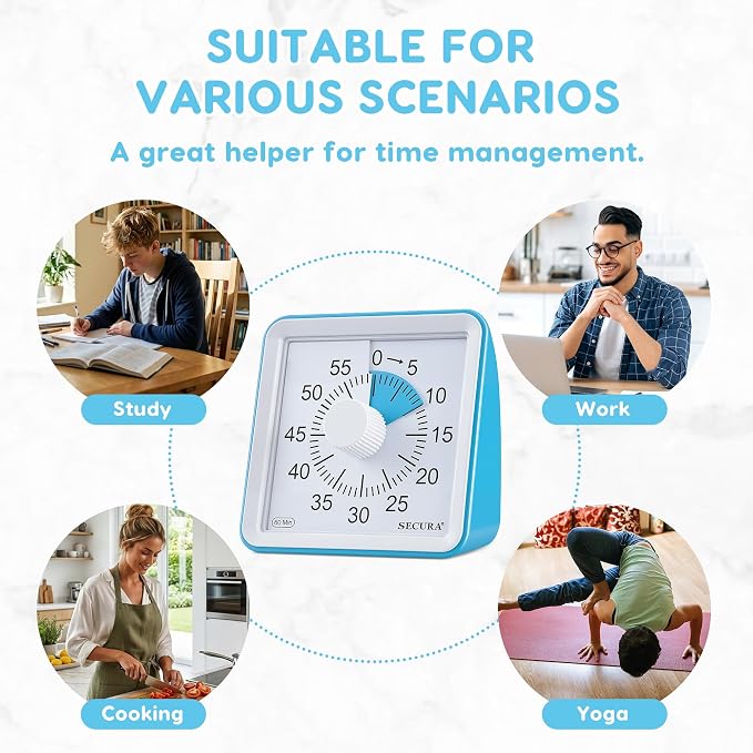 Secura Visual Timer for Kids, 60 Minute Classroom Countdown Timer for Study | Non-Ticking, Adjustable Alarm Volume/Duration, Low Power Reminder, Time Management Tool for ADHD (Blue & Blue)