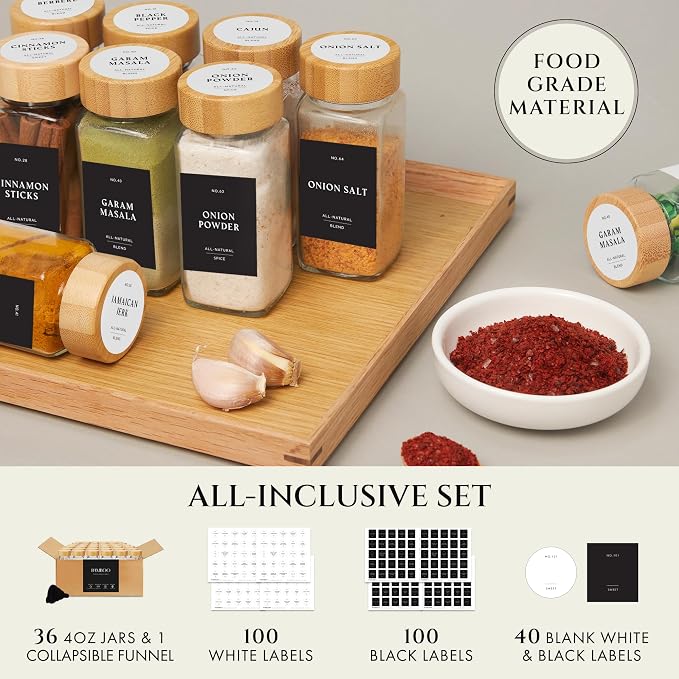 Thick Glass Spice Jars With Bamboo Lids 4 oz, Waterproof Labels, 36 Pack | Empty Spice Bottles With Sift / Pour Shaker Inserts, Airtight Lids And Collapsible Funnel. 200 Pre-Printed Labels, 40 Blanks