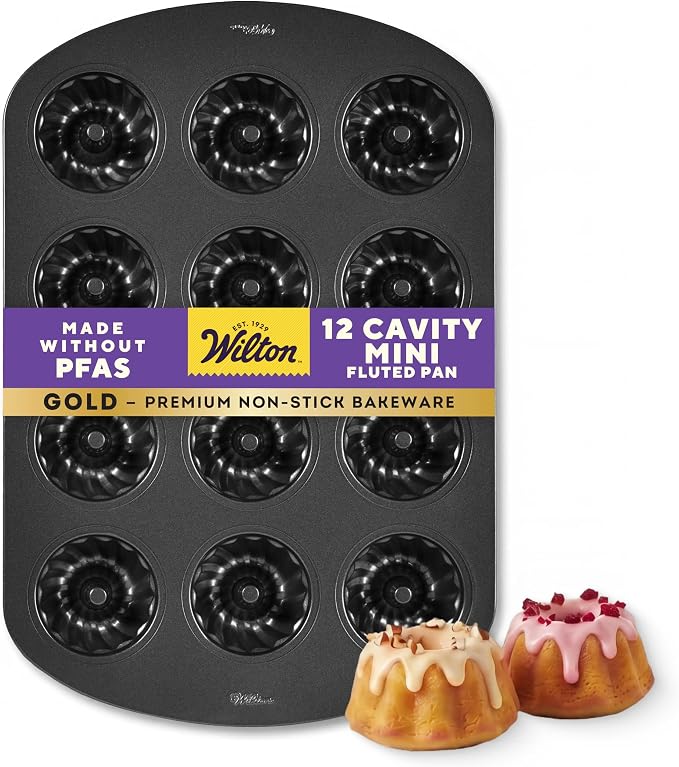 Wilton Gold Non-Stick Mini Fluted Tube Pan, Stainless Steel, 12-Cavity | Non-Stick Steel with Scratch-Resistant Coating, Resists Warping, Dishwasher Safe, Perfect for Mini Bundts & Fluted Cakes