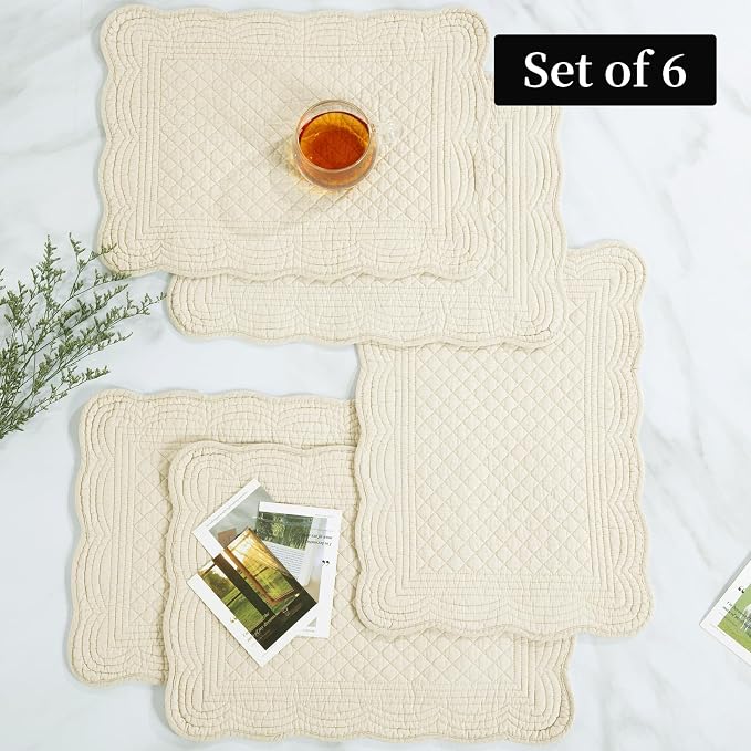 HOMBYS Quilted Placemats Set of 6 Washable-13x18 inches Rectangular Placemats for Kitchen Table-100% Cotton Fabric Rectangular Table Mats, (Flax)