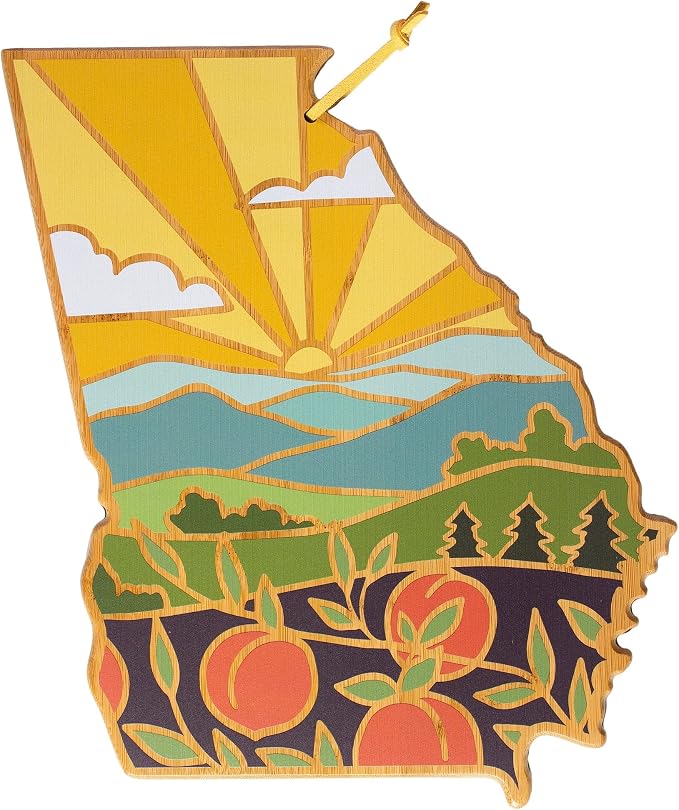 Totally Bamboo Georgia State Shaped Cutting Board, Summer Stokes Art | State charcuterie board with colorful hand-drawn landscape art. Smooth reverse side for food prep. Hang tie for wall display.