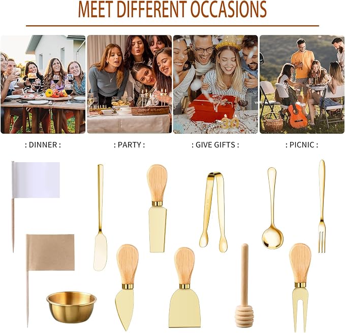 48 Pcs Charcuterie Boards Accessories Butter Spreader Knives Set Stainless Steel Cheese Mini Serving Tongs Spoons Forks Dipping Bowls Toothpick Flags Utensils for Pastry Making Wedding Christmas(Gold)