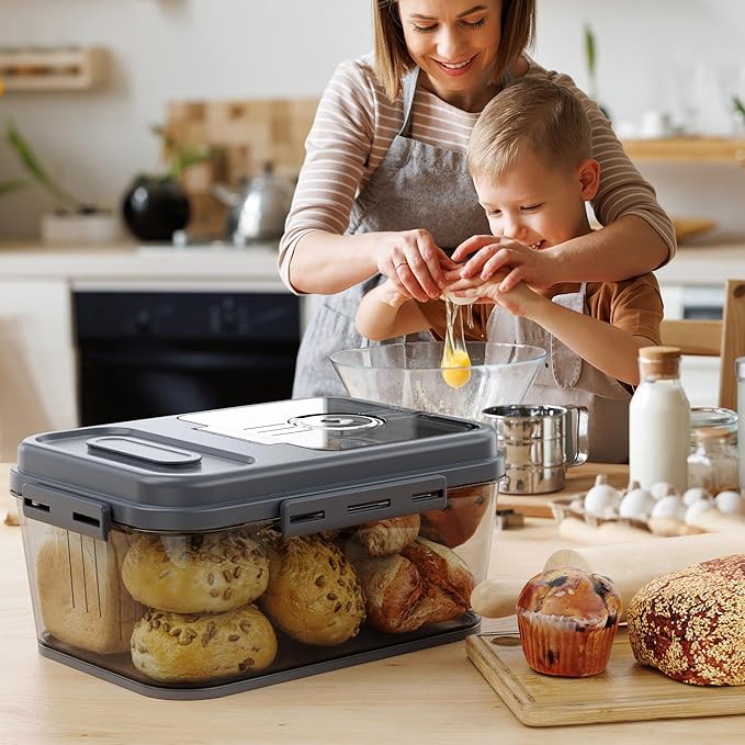 Olimingse Bread Box For Kitchen Countertop, Airtight Bread Storage Container, Bread Container For Homemade Breads, Cookies, And Cake, Grey Bread Keeper