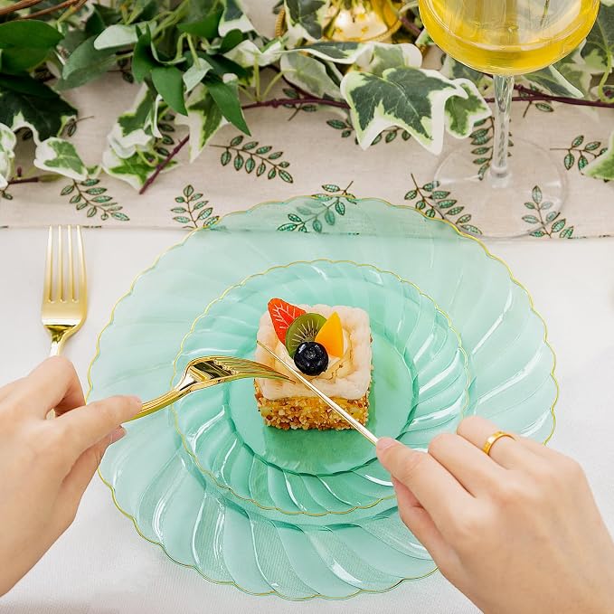 YOUBET 125PCS Clear Green Plastic Plates with Gold Rim for Wedding Party | Green and Gold Plastic Plates Include 25 Dinner Plate 25 Dessert Plate 75 Disposable Silverwares