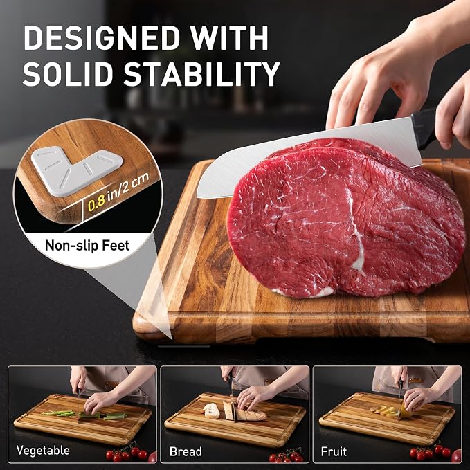 Teak Wood Cutting Board Set for Kitchen High-End Non Toxic Non Slip Over Sink Solid Thick Wood Haus Chopping Board Extra Large Big Small Best Kitchen Essential House Warming Hostess Host Gift