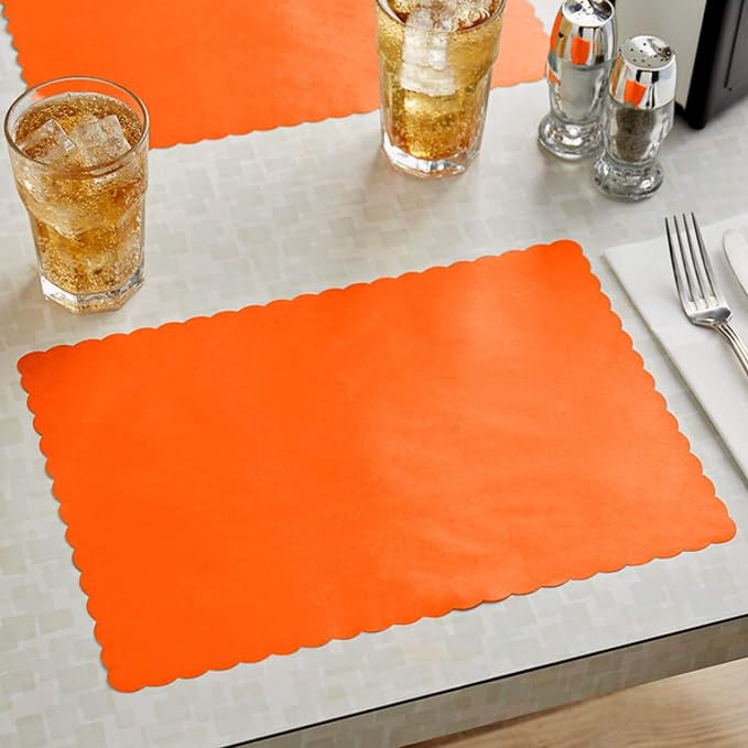 Paper Placemats for Dining Table – Disposable Scalloped Edges Color Table Mats Great for Parties and Christmas Table Decorations 10"x14" (Orange) 50ct