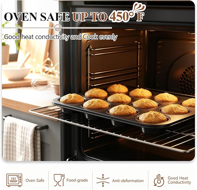 E-far 12-Cup Muffin Pan, 2 Pack Nonstick Carbon Steel Cupcake Pan Tin Tray | Metal Bakeware Muffin Baking Tins for Oven, Standard Size, Ideal for Muffins, Cake Tart, Brownies, Easy Clean & Non-toxic