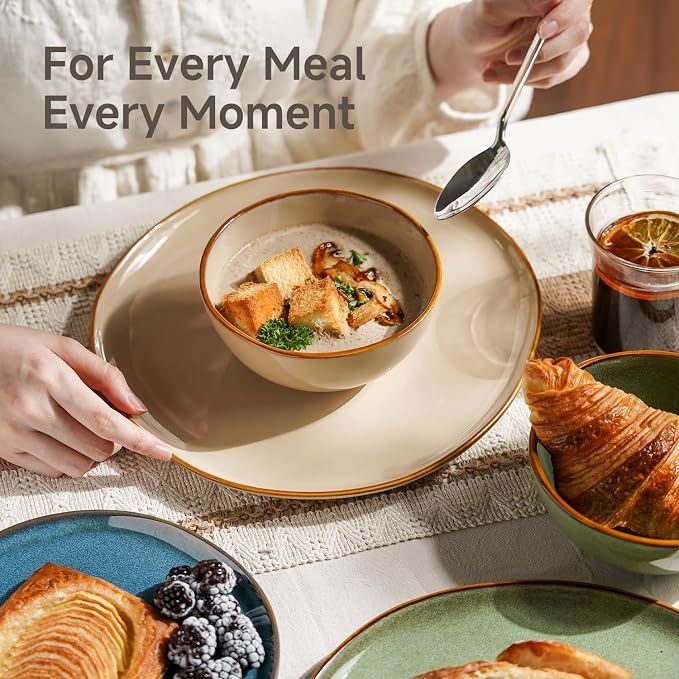 Stoneware Dinnerware Sets for 4, Reactive Glaze Plates and Bowls, Green | 12-Piece Handcrafted Rustic Porcelain Dishes Set, Highly Scratch Resistant, Dishwasher & Microwave Safe