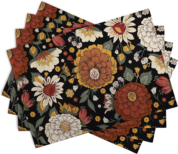 Black Boho Floral Placemats Set of 4 Spring Summer Vintage Flowers Botanical Decorative Table Mats Mid Century Modern Linen Place Mats for Party Kitchen Dining Outdoor Indoor Decor