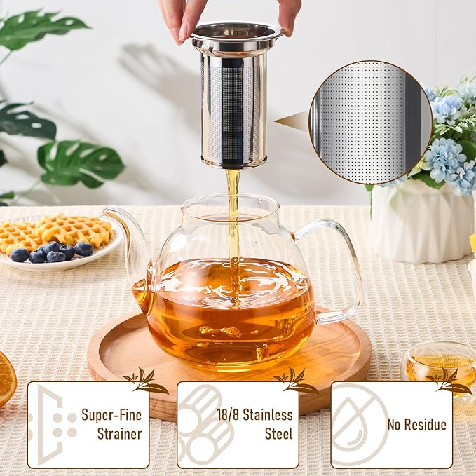 PARACITY Tea Pot with Infuser and Lid, 40 oz Stovetop Glass Kettle, Clear | Borosilicate body has a removable 18/8 stainless steel strainer, wide mouth and eagle-beak spout for loose leaf or blooms