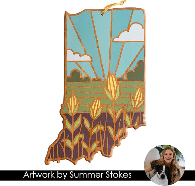 Totally Bamboo Indiana State Shaped Cutting Board, Summer Stokes Art | State charcuterie board with colorful hand-drawn landscape art. Smooth reverse side for food prep. Hang tie for wall display.