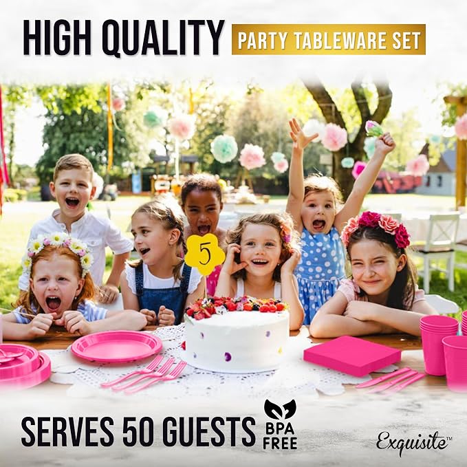 350 Pcs Cerise Plastic Plates For Party, Cerise Disposable Plates Set, 50 Of Each 9" Dinner Plate Set, 7" Dessert Plate, Cups, Napkins & Cutlery Plastic Dinnerware Set Exquisite