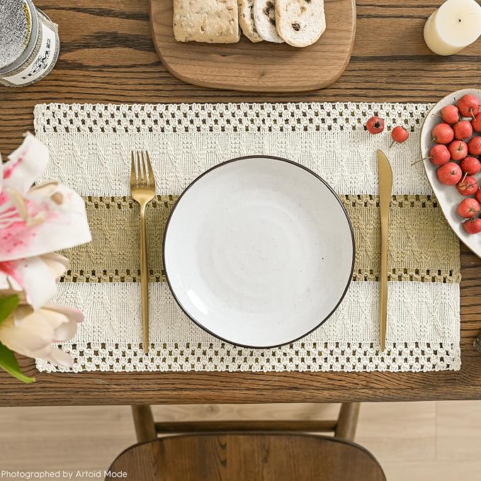 Artoid Mode Burlap Brown Farmhouse Rustic Placemats Set of 4,12x18 Inch Seasonal Holiday Hollow Table Mats Party Kitchen Dining Decoration