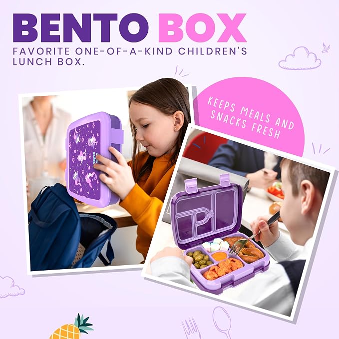 YOLAY Bento Box for Kids, 5-Compartment, Mermaid | Leak-proof, rubber-coated edges, Removable inner tray, Microwave safe, Dishwasher safe