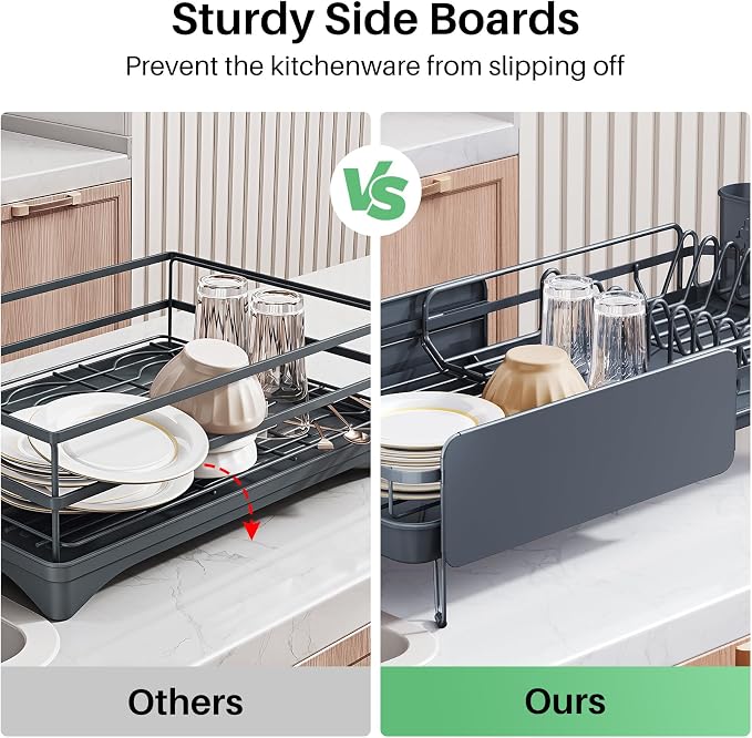 SNTD Large Dish Drying Rack for Kitchen Counter, Expandable, Grey | Stainless Steel Dish Drainer, Adjustable Length 18.9''-29.3'', Automatic Drainage, 360° Spout, Cutlery Holder with Knife Slot