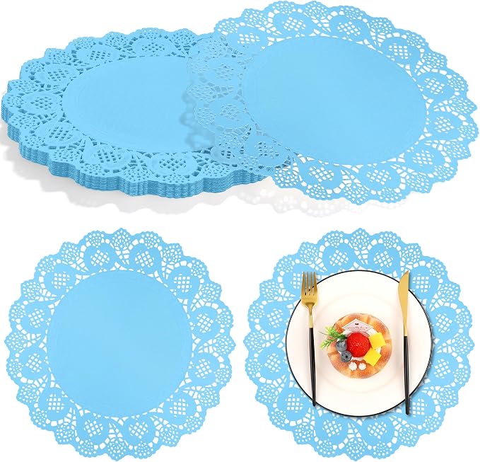 MCEAST 100 Pack Round Blue Paper Doilies 13.5 Inches Lace Paper Place Mats Rustic Scallop Doily Disposable Table Pads for Food Cakes Crafts Party Weddings Tableware Decor