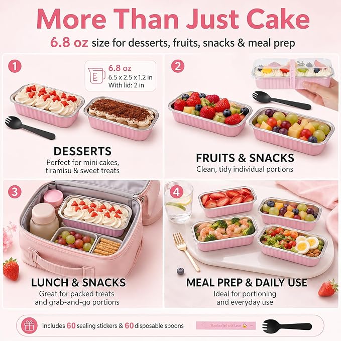 YQER 60 Pack Mini Cake Pans with Lids and Spoons, 6.8 oz Pink Disposable Aluminum Foil Mini Loaf Pans with Stickers, Individual Small Dessert Cake Tins Containers for Baby Showers, Birthdays, Gifts