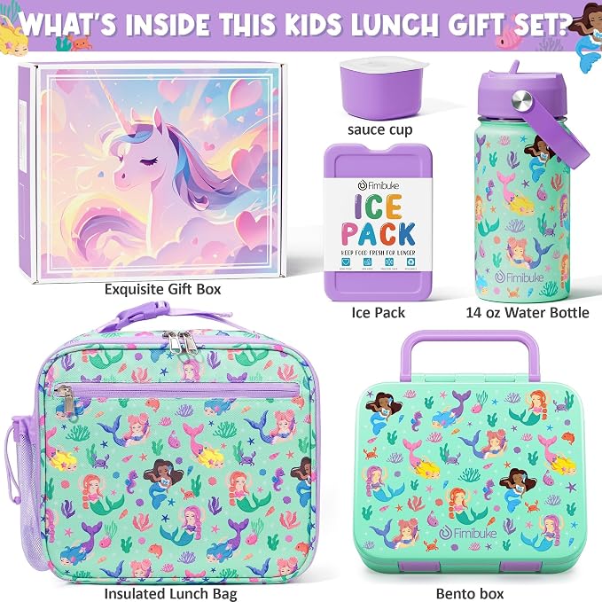 Fimibuke Bento Lunch Box for Kids - Toddler Girls Snack Bento Box Container | with 3 Compartments, 14oz Stainless Steel Water Bottle, Insulated Lunch Bag, Ice Pack Set for Ages 3-12 Daycare, Mermaid