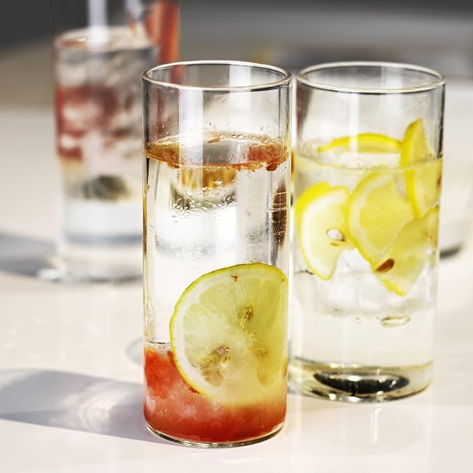 LUXU Drinking Glasses 12 oz,4pcThin Highball Glass,Clear Tall Beer Glass | Lead-Free Glassware,Clear Everyday Drinkware,Water Glasses,Mojito Glass Cups,Bar Glassware,and Mixed Drink Cocktail Glass Set