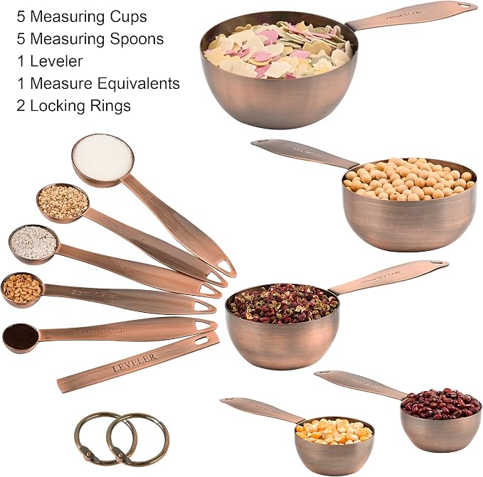 Measuring Cups and Spoons Set, 12 Pieces Stainless Steel Measuring Cup Set, Metal Copper Measuring Cups Spoons, Dry & Liquid Kitchen Measure Cup Spoon & Leveler & Measure Equivalents
