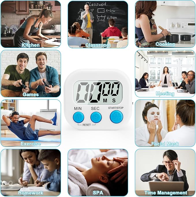 6 Pack Digital Kitchen Timer Multi-Function Magnetic Timers Classroom Timer for Kids Loud Alarm Big LCD Display Electronic Timers for Cooking, Classroom, Exercise, Study, Meeting(Blue, Green, White)