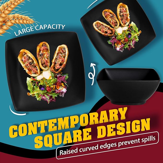 Teivio 24-piece Plastic Wheat Straw Square Dinnerware Set for 6, Unbreakable Dinner Plates, Salad Plates, Snack Bowls, Tumblers 13.5 oz, Dishwasher Safe, Outdoor Kitchen RV Dishes, Black