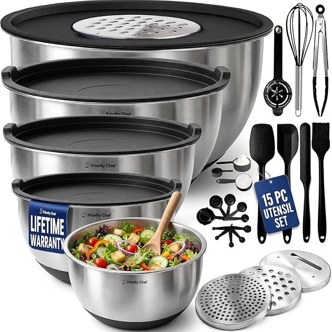Stainless Steel Mixing Bowls with Lids Set, Metal Nesting Bowls with Airtight Lids, Graters, Non-Slip Base & Measurement Marks, Includes Utensil Set for Prep, Baking & Storage, Black