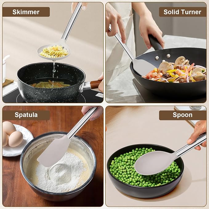 Vayvnt Kitchen Utensil Set, Silicone Utensils Dishwasher Safe, 8PCS, Khaki | Cooking Utensils Set for Non-Stick Cookware, NonToxic, Plastic-Free, Heat Resistant Up to 480℉, Cooking Spoons Spatula Tongs