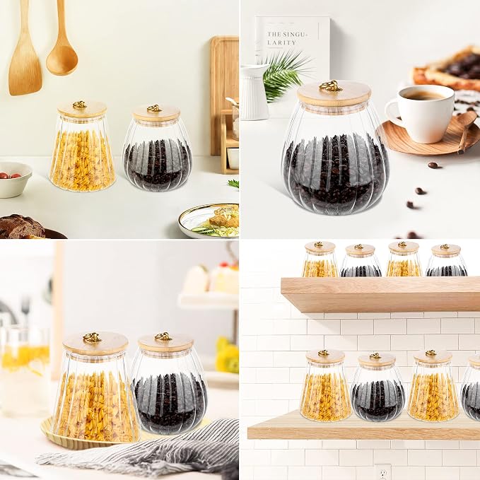 Glass Coffee Nuts Canister, Airtight Jar Bamboo Lid 54 FL OZ, Large Conical | Sealed Kitchen Storage Jar, 700ml Petal Ribs Design Decorative Candy Coffee Container, Gold Metal Handle, Easy to Grasp