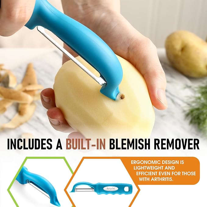 Spring Chef Swivel Vegetable Peeler for Kitchen w/Soft Grip Handle, Teal | Premium Potato Peeler w/ Ultra Sharp Stainless Steel Blades, Multifunctional Veggie Peeler for Apple, Carrot, Cucumber, Fruit