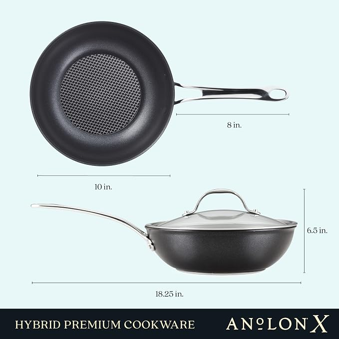 Anolon X Hybrid Nonstick Induction Stir Fry Wok Pan Cookware with Lid, Dishwasher Safe, Compatible with All Stovetops, 10 Inch - Charcoal Gray
