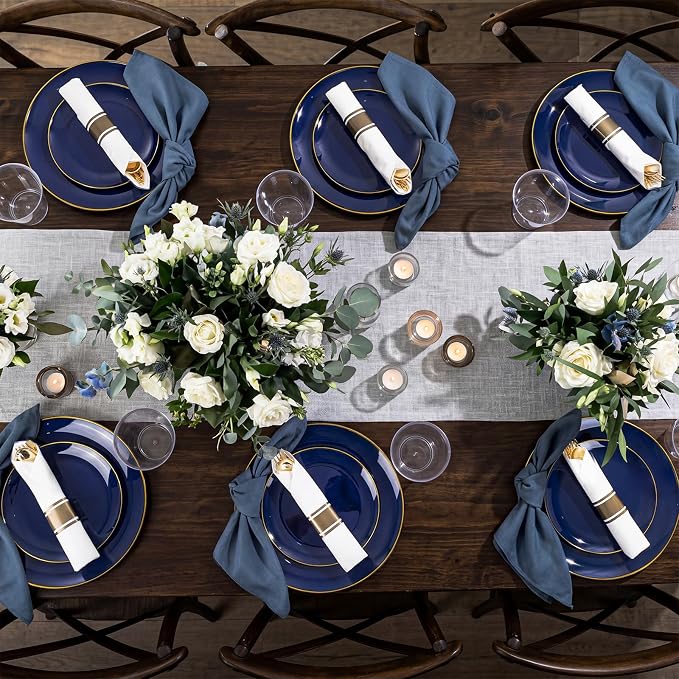 KIRE 175Pcs Blue Plastic Plates - Navy Blue Plates Disposable - 25 for Dinner 25 for Dessert 25 Pre Rolled Napkins with Gold Plastic Silverware and 25 Cups for 4th of July/Wedding/Party