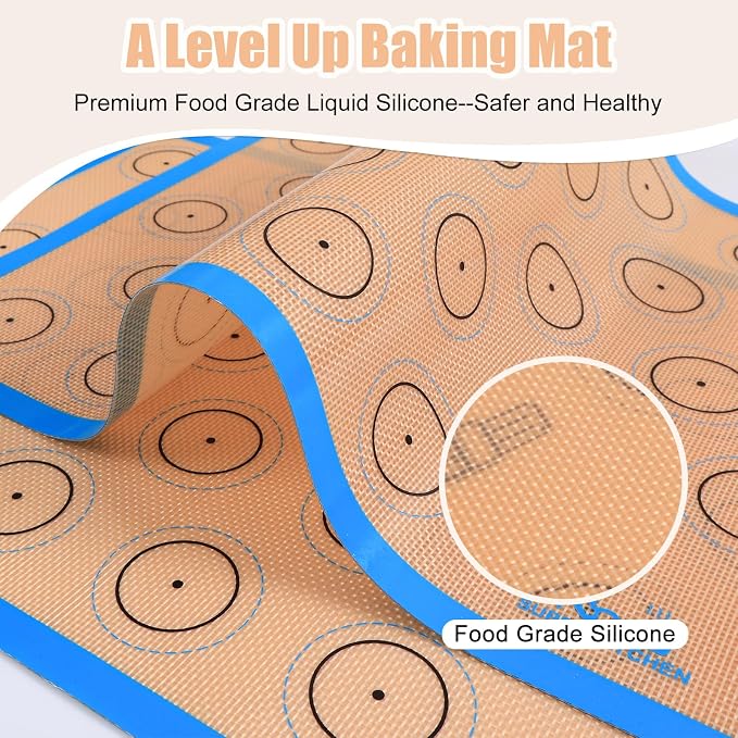 Silicone Macaron Baking Mat Sheet Set of 3-2 Half Sheet 1 Quarter Sheet | Non Stick Silicon Oven Liner For Macaroons and Cookies, By Folksy Super Kitchen (16.5x11.6, Blue)