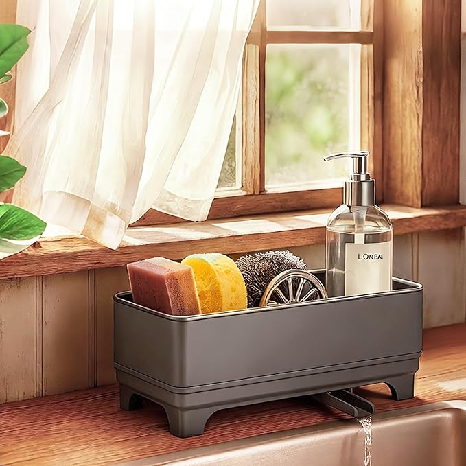 MOUKABAL Sponge Holder for Kitchen Sink, Rustproof Stainless Steel Grey | Large Capacity/360° Rotating Drain Keeps Counter Dry/Holds Sponges & Soap Bottle/Easy-Clean Removable Tray