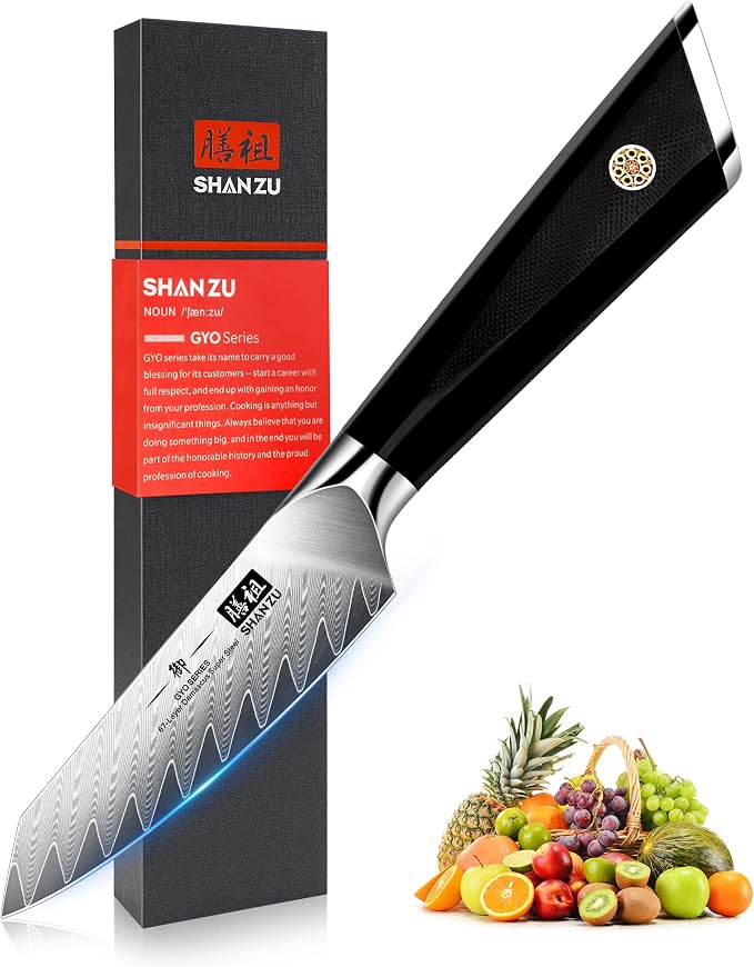 SHAN ZU Damascus Paring Knife,Fruit Knife 4 Inch | Professional Kitchen Knives, Japanese Damascus High Carbon Steel 67-Layer Fruit Carving Knives with G10 Handle/Gift Box
