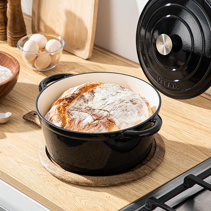 Velaze 7.5 QT Enameled Cast Iron Dutch Oven Pot with Lid,Black | Large Capacity for Cooking,Frying, Stewing,Bread Baking,and Roasting,Oven Safe,Dual Handles,Heavy Duty,Non-Stick Coating