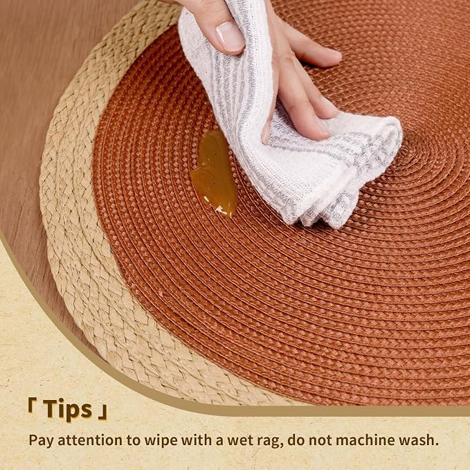 Noctiflorous Braided Round Placemats Set of 6, 15 Inch Woven Table Mats, Non-Slip Washable Wide Edge Place Mats for Kitchen Dining Table Decor (Dark Orange, 6)