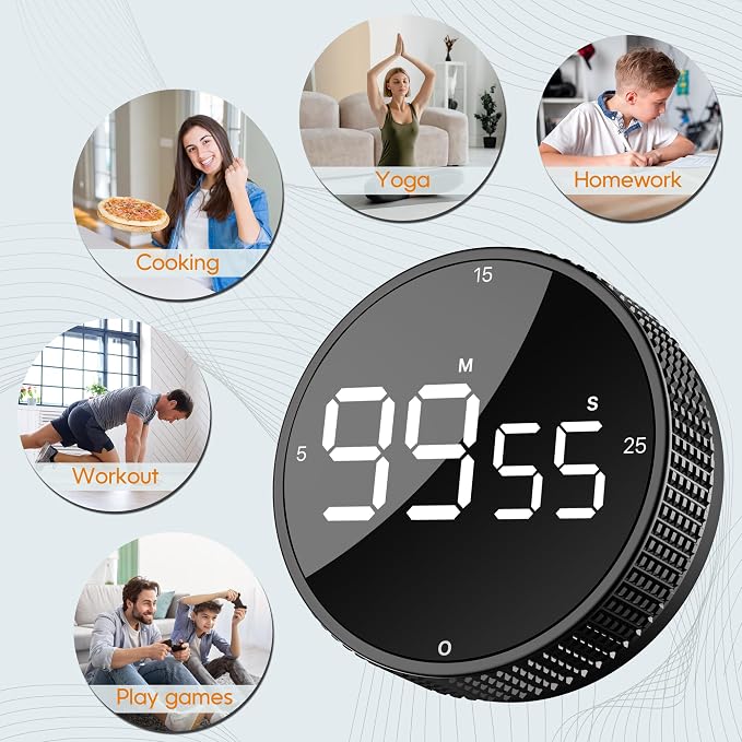 Digital Kitchen Timer - Magnetic Countdown Count Up Clock with Large LED Display, 5/15/25 Min Presets, 3 Volume Levels, Rotary Dial for Cooking, Productivity, Classroom, Fitness (1, Black)